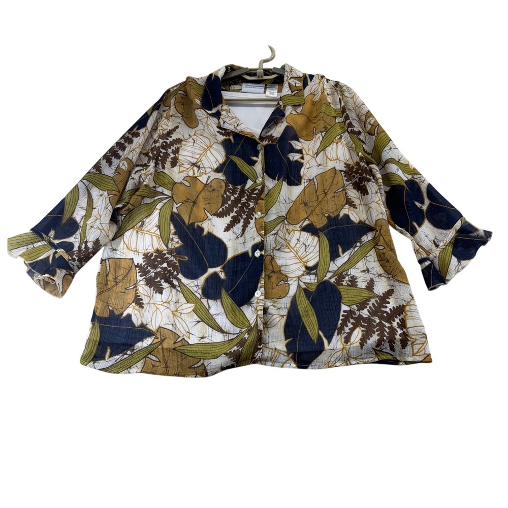Alfred Dunner Blouse Womens 16 Multicolor Tropical Leaf Button Front 3/4 Sleeve